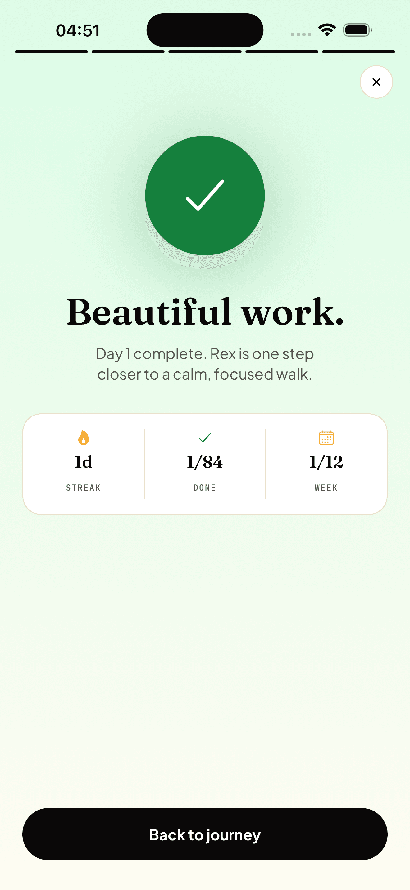 Session complete with streak and weekly progress